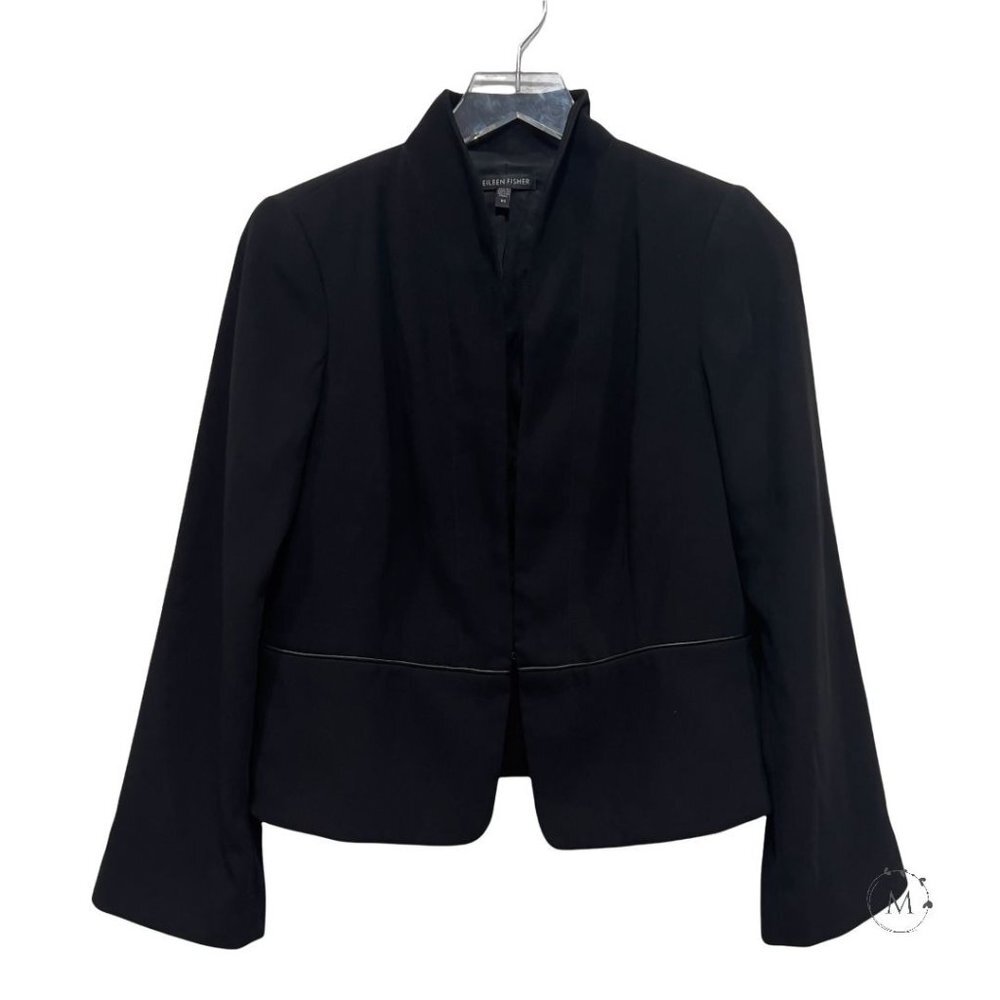 Eileen Fisher‎ Size XS Black Blazer Jacket Cropped High Neck Leather Trim